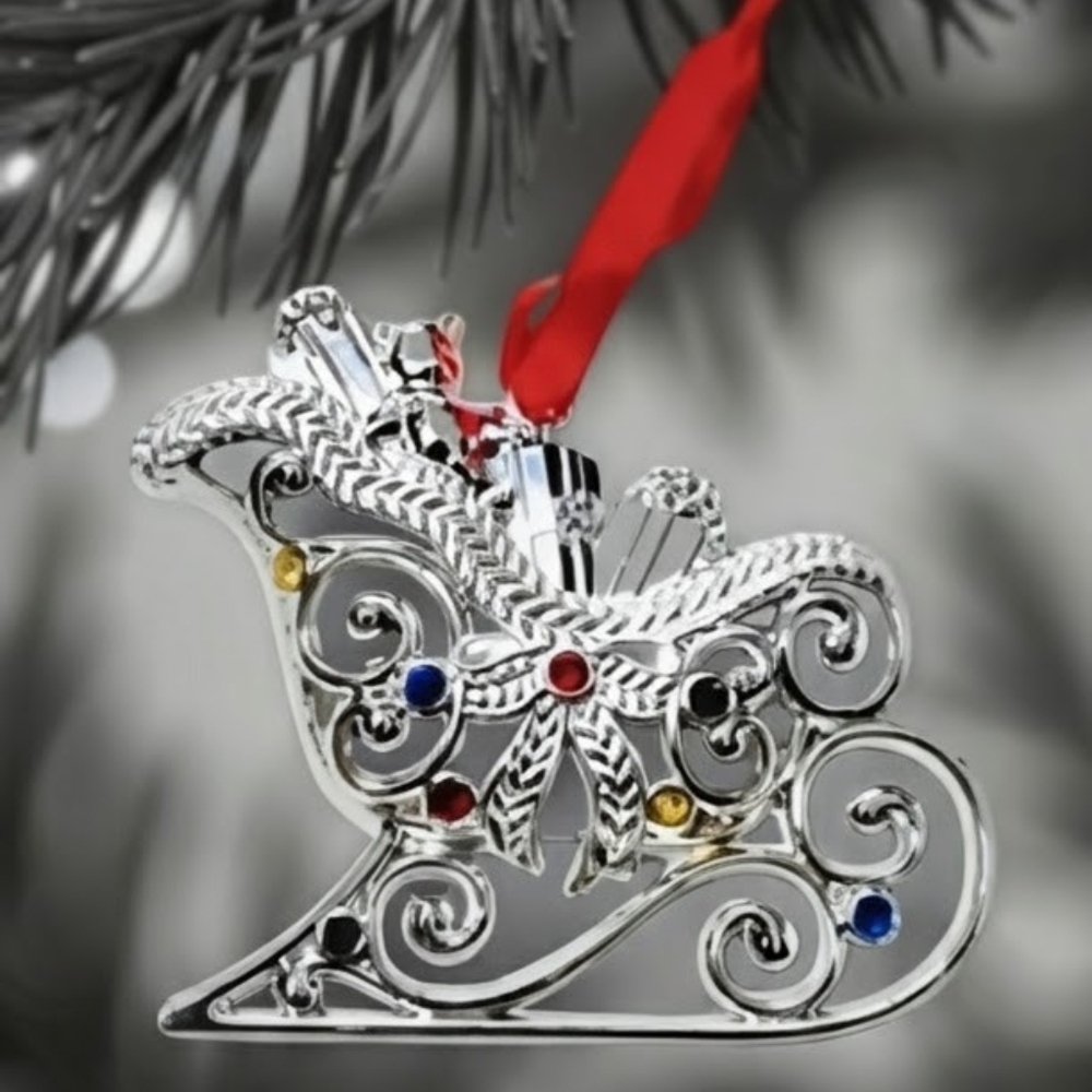 NEW Lenox Sparkle And Scroll Silver Sleigh Ornament with Multi-Colored Crystals